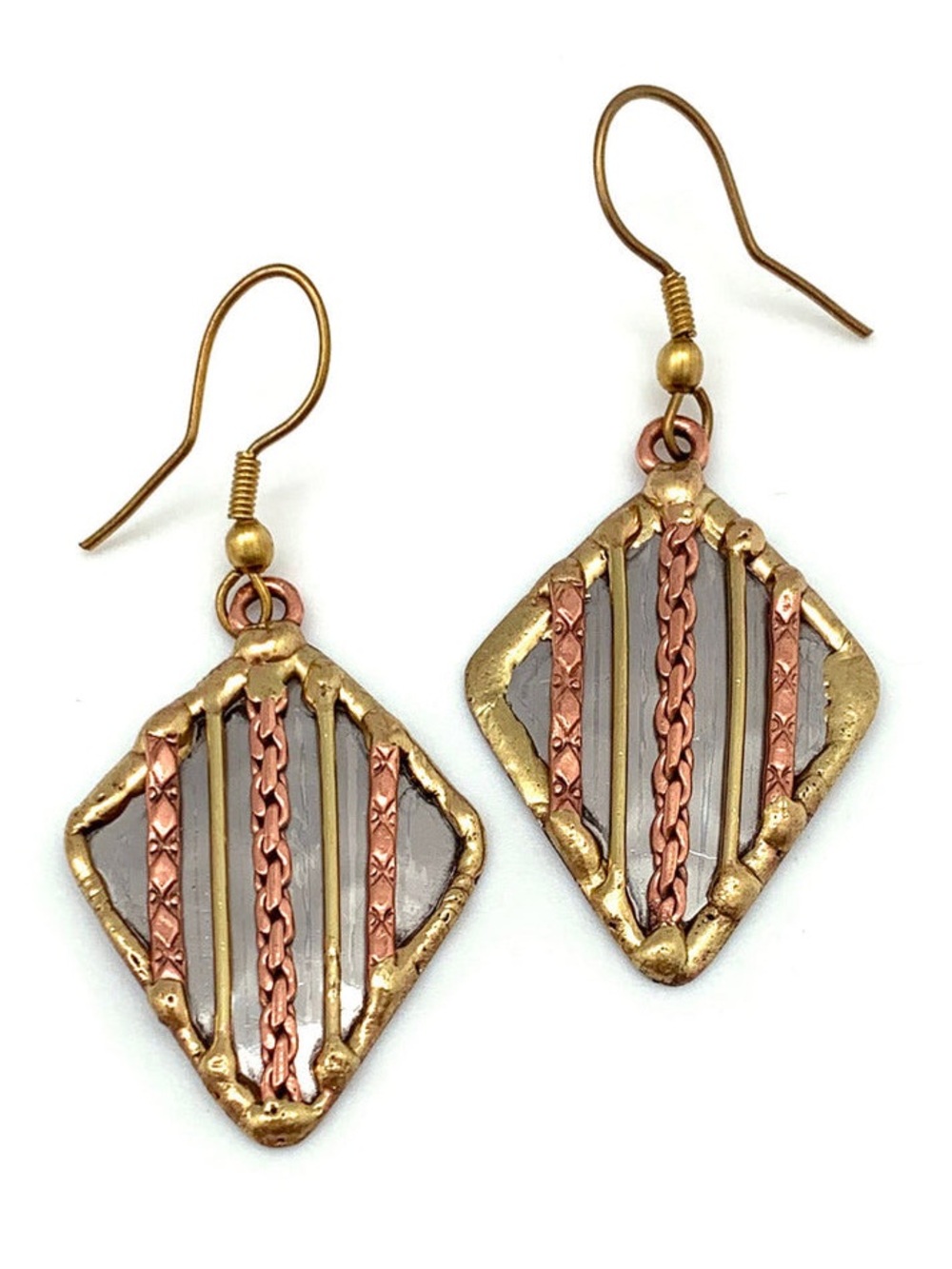 Gold & Copper Diamond Dangle Earrings | Mixed Metal Boho Geometric